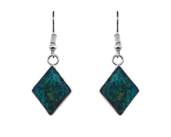 Handmade mini diamond-shaped resin and crushed chip stone inlay dangle earrings with silver setting in teal green chrysocolla color.