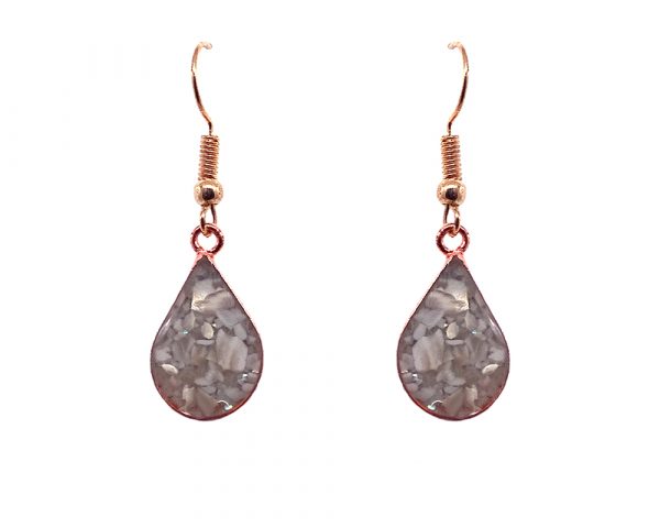 Handmade mini teardrop chip stone inlay earrings with crushed stone, copper, and metal hooks in white color.