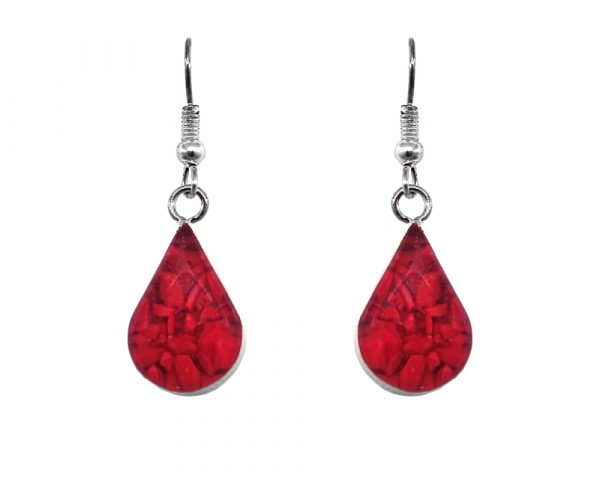 Handmade mini teardrop-shaped resin and crushed chip stone inlay dangle earrings with alpaca silver metal setting in red color.