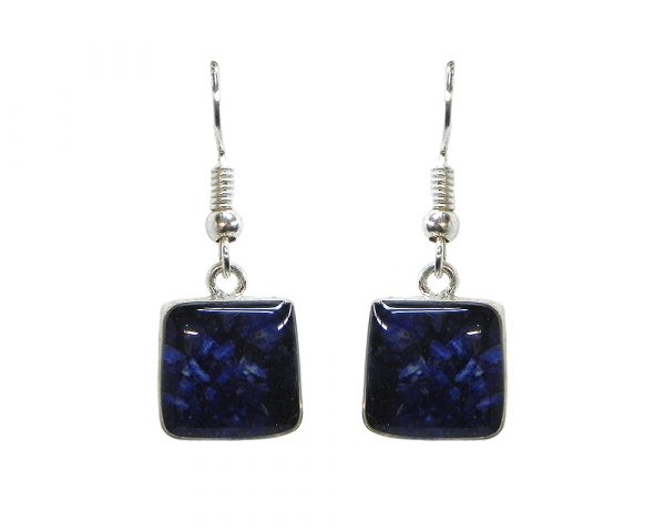 Handmade mini square-shaped resin and crushed chip stone inlay dangle earrings with alpaca silver metal setting in dark blue color.