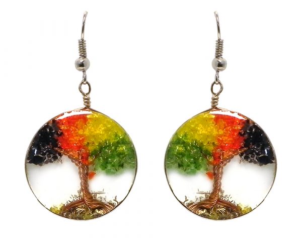 Round-shaped clear acrylic resin, copper wire, and crushed chip stone inlay tree of life dangle earrings in Rasta colors.
