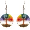 Round-shaped clear acrylic resin, copper wire, and crushed chip stone inlay tree of life dangle earrings in rainbow chakra colors.