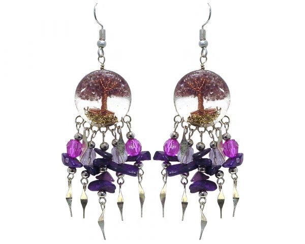 Handmade round-shaped clear acrylic resin, copper wire, and crushed chip stone inlay tree of life dangle earrings with long crystal bead, chip stone, and alpaca silver metal dangles in purple, dark purple, and clear color combination.