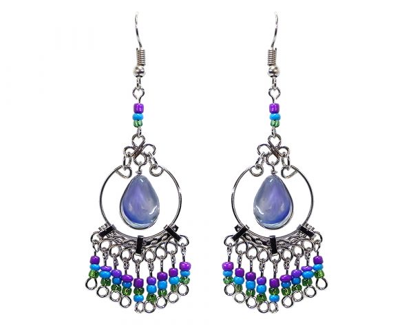 Handmade teardrop-shaped glass bead cat's eye silver metal hoop earrings with seed bead and alpaca silver metal dangles in purple, turquoise blue, and green color combination.