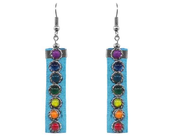 Handmade rectangle-shaped suede material earrings with chakra rainbow colored beads in turquoise blue color.