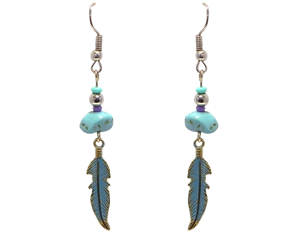 Handmade colored metal feather charm dangle earrings with chip stone in turquoise blue and purple color combination.