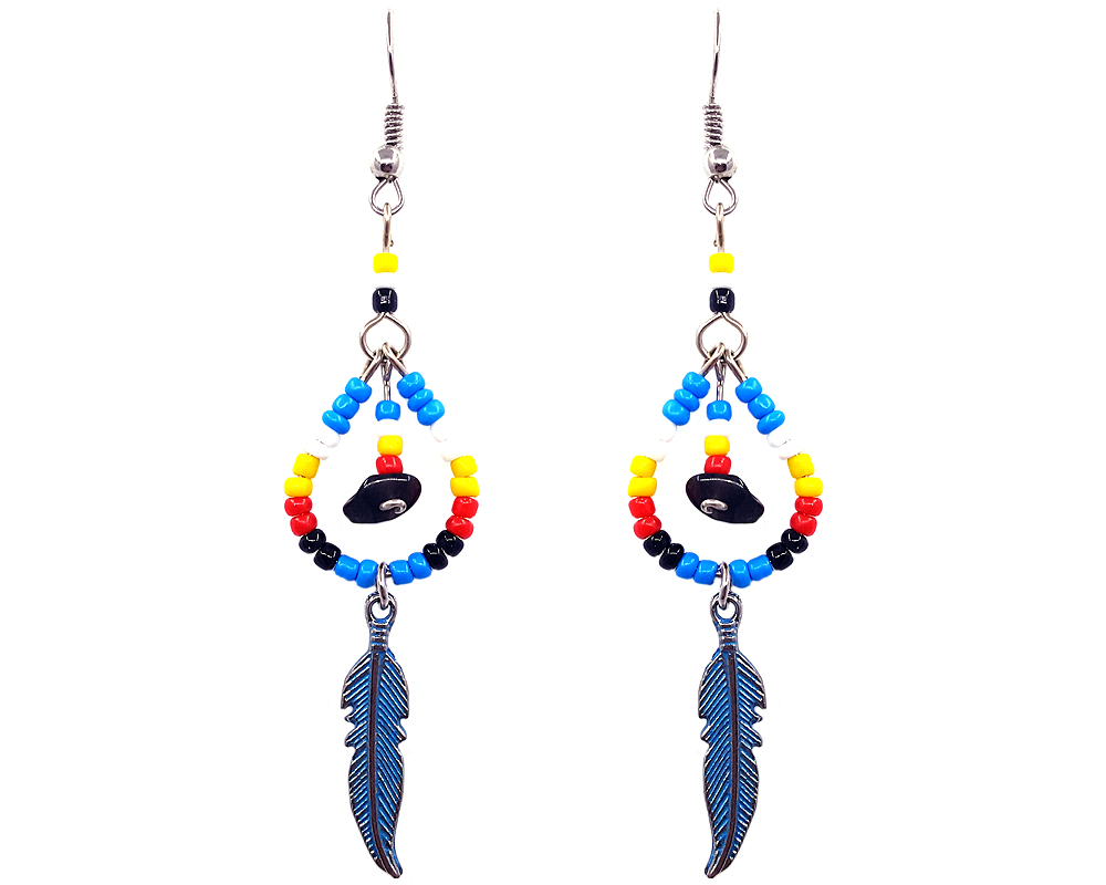 Handmade Native American inspired teardrop-shaped seed bead and chip stone earrings with colored metal feather charm dangle in turquoise blue, yellow, red, white, and black color combination.
