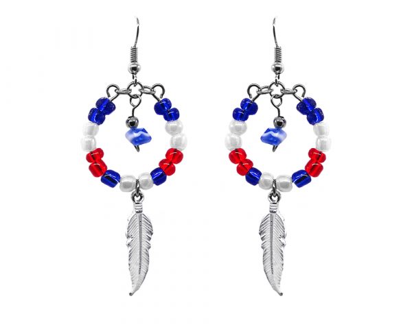 Round-shaped seed bead and chip stone hoop earrings with colored metal feather charm dangle in American USA flag colors.