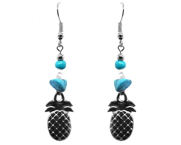 Handmade silver metal pineapple charm dangle earrings with chip stones in turquoise blue and white color combination.