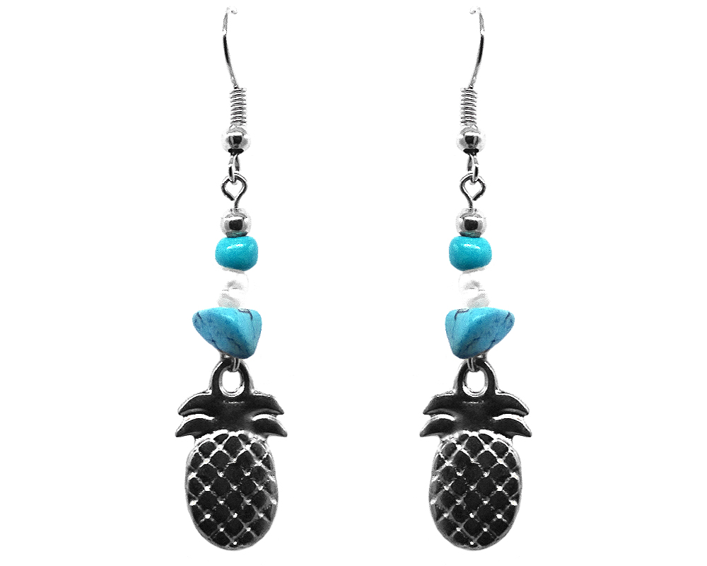 Handmade silver metal pineapple charm dangle earrings with chip stones in turquoise blue and white color combination.