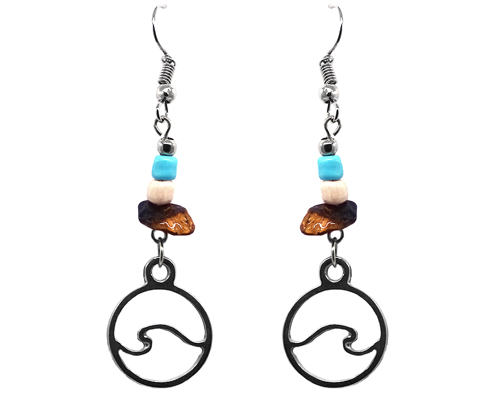Handmade round-shaped silver metal wave charm dangle earrings with chip stones in turquoise blue, white, and brown tiger's eye color combination.