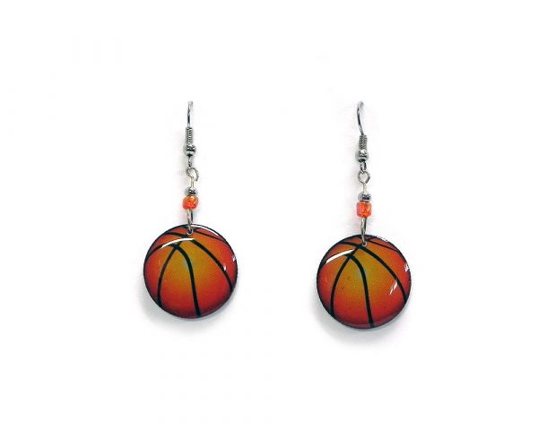 Basketball acrylic dangle earrings with beaded metal hooks in orange and black color combination.