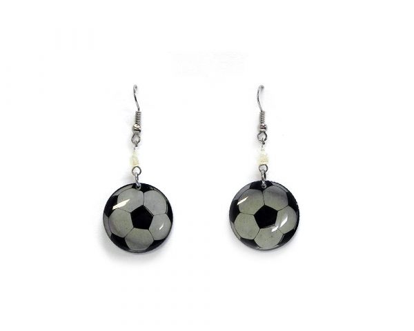 Soccer ball acrylic dangle earrings with beaded metal hooks in white and black color combination.