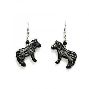 Tribal pattern zebra acrylic dangle earrings with beaded metal hooks in black and white color combination.