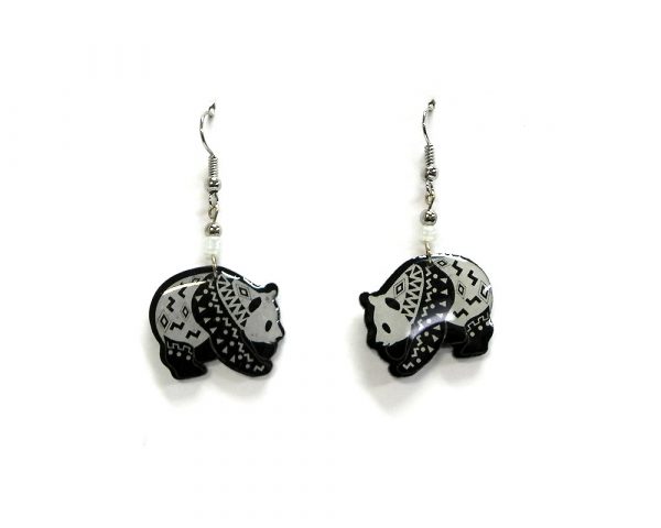 Tribal pattern panda bear acrylic dangle earrings with beaded metal hooks in black and white color combination.