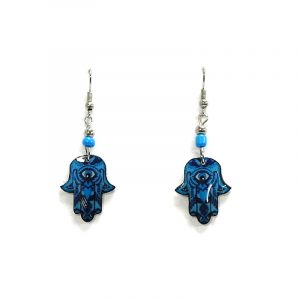 Hamsa hand acrylic dangle earrings with beaded metal hooks in blue, turquoise, and dark blue color combination.