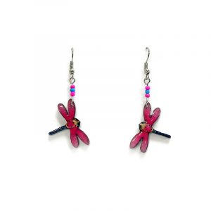Cartoon dragonfly acrylic dangle earrings with beaded metal hooks in hot pink, blue, and beige color combination.