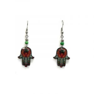 Lotus hamsa hand acrylic dangle earrings with beaded metal hooks in green, white, red, orange, and golden yellow color combination.