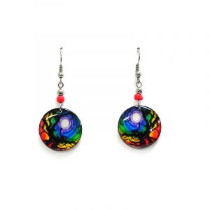 Round-shaped New Age themed mystic tree of life graphic acrylic dangle earrings with beaded metal hooks in rainbow color combination.