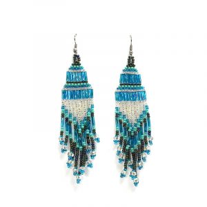 Extra long multicolored Czech glass seed bead chandelier fringe dangle earrings in light blue, turquoise, and silver color combination.