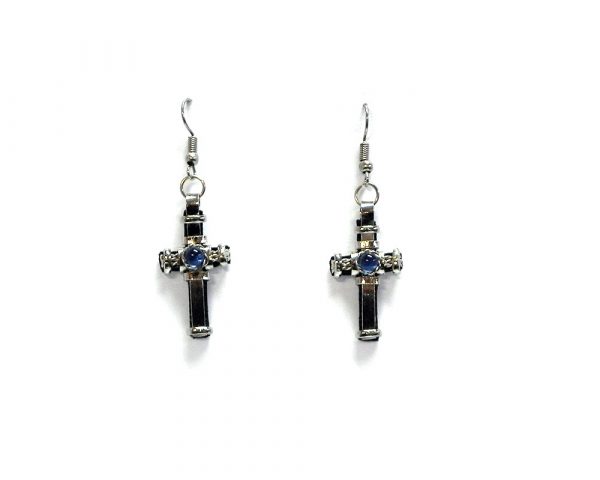 Handmade alpaca silver metal cross dangle earrings with single seed bead in blue color.