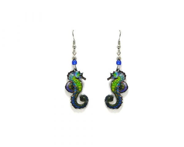 Seahorse acrylic dangle earrings with beaded metal hooks in lime green, turquoise, blue, and purple color combination.