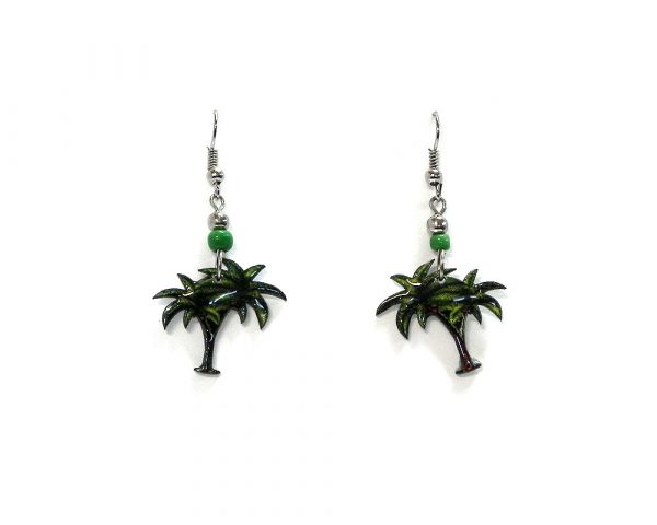 Palm tree acrylic dangle earrings with beaded metal hooks in dark green, lime green, and brown color combination.
