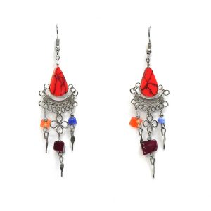Teardrop-cut stone earrings with three multicolored chip stones and long alpaca silver metal flower design and dangles in red jasper.