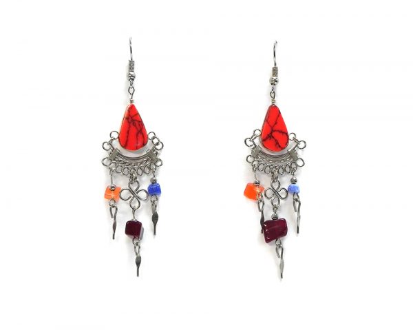 Teardrop-cut stone earrings with three multicolored chip stones and long alpaca silver metal flower design and dangles in red jasper.