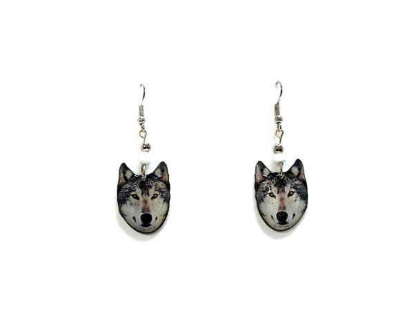 Wolf face acrylic dangle earrings with beaded metal hooks in gray, white, and black color combination.