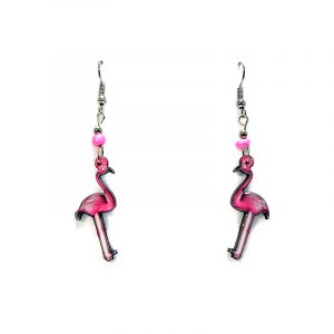 Flamingo acrylic dangle earrings with beaded metal hooks in hot pink, light pink, and black color combination.