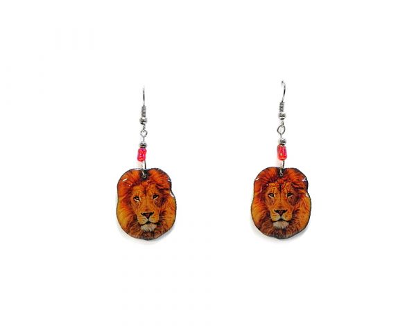 Lion face acrylic dangle earrings with beaded metal hooks in orange, golden yellow, and brown color combination.