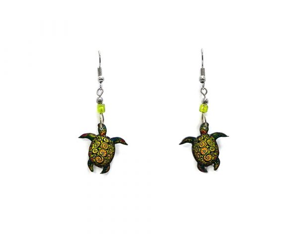 Tribal pattern sea turtle acrylic dangle earrings with beaded metal hooks in lime green, yellow, and dark green color combination.