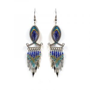 Fish-shaped silk thread earrings with long seed bead and alpaca silver metal dangles in turquoise, gold, and blue color combination.