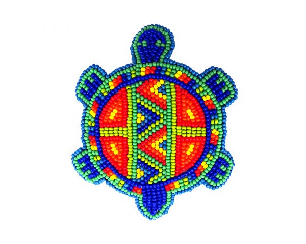 Handmade Czech glass seed bead turtle barrette with tribal pattern design and silver metal french hair clip in rainbow colors.
