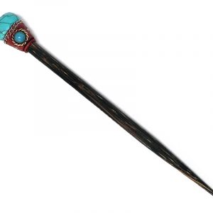Handmade natural Chonta wooden hair stick with tumbled gemstone crystal, resin, and matching bead in turquoise howlite.