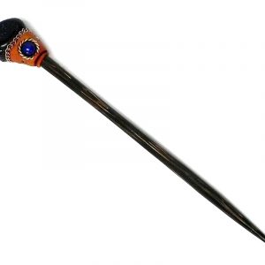 Handmade natural Chonta wooden hair stick with tumbled gemstone crystal, resin, and matching bead in dark blue goldstone.
