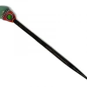 Handmade natural Chonta wooden hair stick with tumbled gemstone crystal, resin, and matching bead in green aventurine.