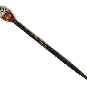 Handmade natural Chonta wooden hair stick with tumbled gemstone crystal, resin, and matching bead in beige and black Dalmatian jasper.