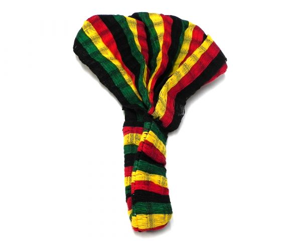 Handmade thick cotton wrap headband with Rasta striped pattern in red, golden yellow, green, and black color combination.