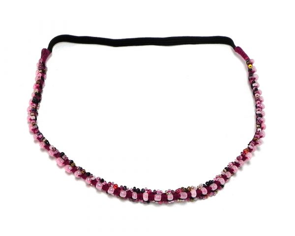 Handmade pearl bead and seed bead elastic thin strap headband in dark pink and light pink color combination.