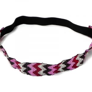 Handmade Czech glass seed bead elastic wide strap head with fashion pattern design in chevron striped red, pink, black, and silver white color combination.