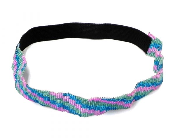Handmade Czech glass seed bead elastic wide strap head with fashion pattern design in striped pink, turquoise blue, and aqua mint color combination.