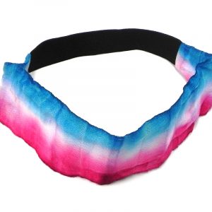 Handmade tie-dyed cotton elastic wide strap headband with striped pattern in turquoise blue, white, and hot pink color combination.