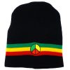 Handmade black knit beanie hat with horizontal stripes and embroidered peace sign patch in Rasta colors.
