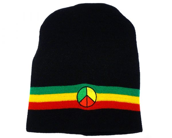Handmade black knit beanie hat with horizontal stripes and embroidered peace sign patch in Rasta colors.