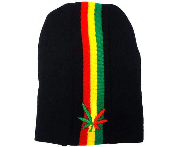 Handmade black knit beanie hat with vertical stripes and embroidered leaf patch in Rasta colors.