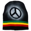 Handmade black knit beanie hat with horizontal stripes and spray painted peace sign design in Rasta colors.