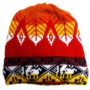 Handmade Peruvian tribal knit beanie hat with handwoven alpaca wool and leaf tribal print pattern in red, orange, yellow colors.