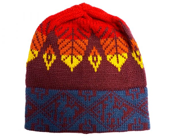 Handmade Peruvian tribal knit beanie hat with handwoven alpaca wool and leaf tribal print pattern in burgundy, red, orange, and yellow colors.